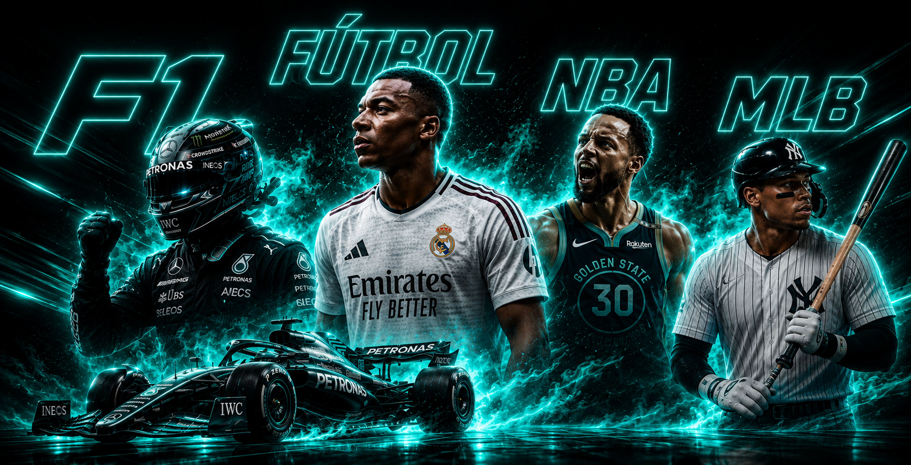 Collage de atletas de F1, fútbol, NBA y MLB con efectos de energía neón cian sobre fondo negro